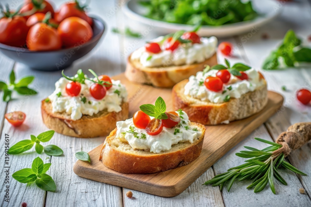 Appetizing Creamy Cheese Toasts with Cherry Tomatoes and Fresh Herbs on Rustic Wooden Board Appetizing Creamy Cheese Toasts with Cherry Tomatoes and Fresh Herbs on Rustic Wooden Board