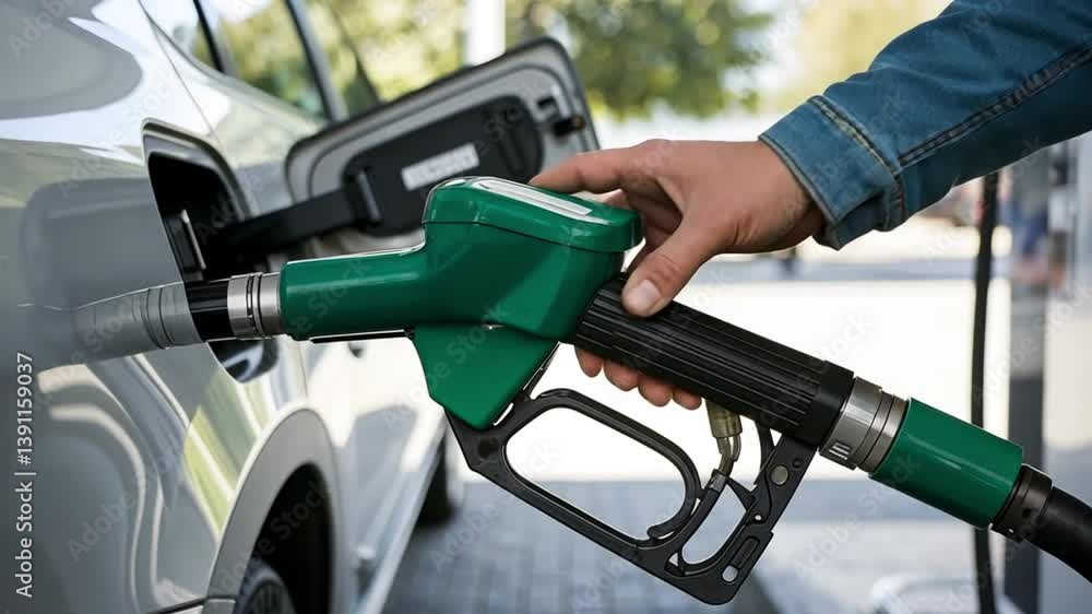 Refueling a Car at Gas Station – Hand on Nozzle Refueling a Car at Gas Station – Hand on Nozzle