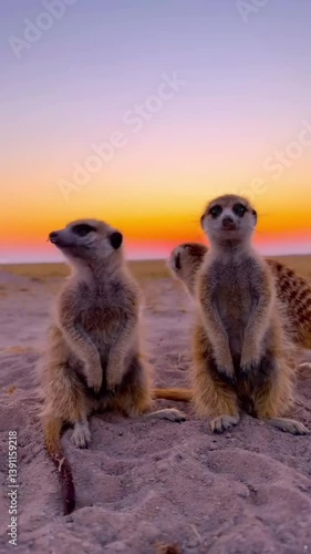 Two meerkats basking in the warm hues of sunset.
