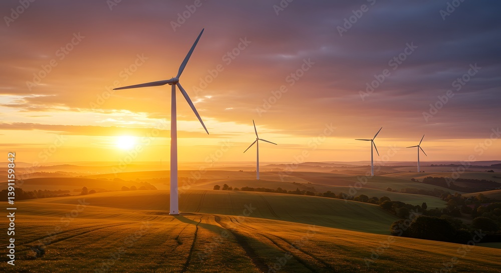 Fototapeta premium Wind Turbines at Sunset Generate Renewable Energy in Open Field
