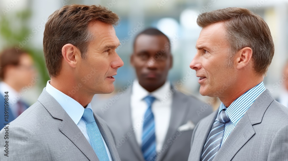 Two businessmen in suits engage in conversation before a group of professionals at corporate event Two businessmen in suits engage in conversation before a group of professionals at corporate event