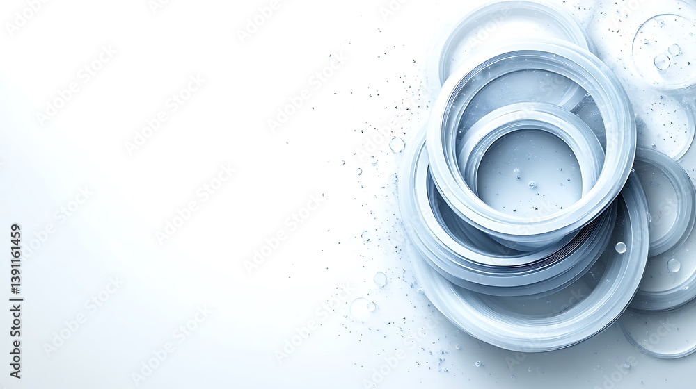 Abstract swirling white circles with water droplets on white background. Abstract swirling white circles with water droplets on white background.