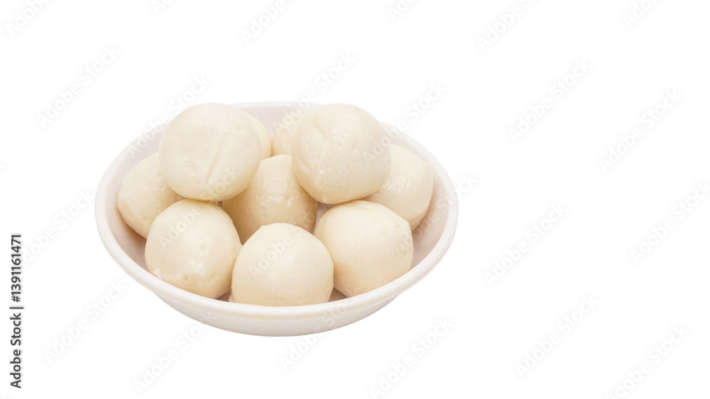 Fish ball made from processed fish paste or surimi on small bowl isolated on transparent background Fish ball made from processed fish paste or surimi on small bowl isolated on transparent background