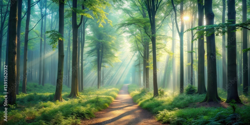 Sunlit Path Through a Misty Green Forest with Tall Trees and Lush Undergrowth Sunlit Path Through a Misty Green Forest with Tall Trees and Lush Undergrowth