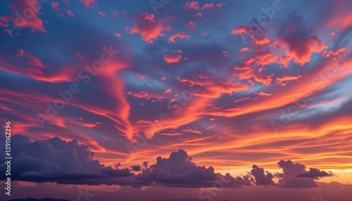 Sunset Over the Clouds Create a stunning scene of a sunset where the sky is ablaze with colors, illuminating clouds in shades of pink, orange, and purple.
