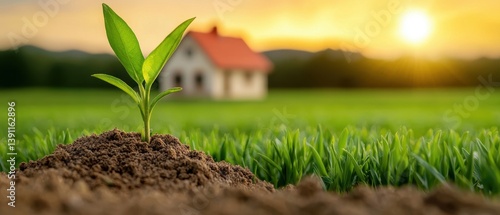Farmhouse agritourism concept. A sprouting plant in the foreground with a house and sunset in the background.