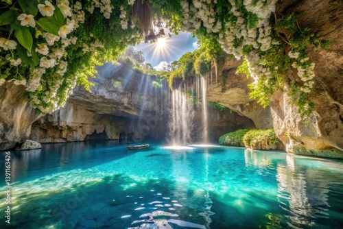 Serene Grotto Sunlit Waterfall Cascades into Crystal-Clear Pool, Adorned with Bountiful White Blossoms and Lush Greenery