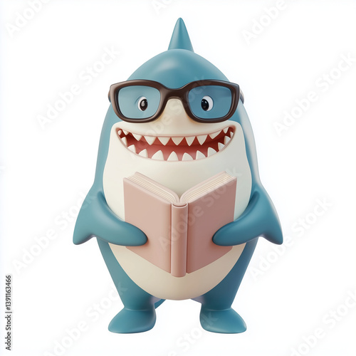3d Character An Illustration of a shark with glasses reading a book isolated on a white background generative ai