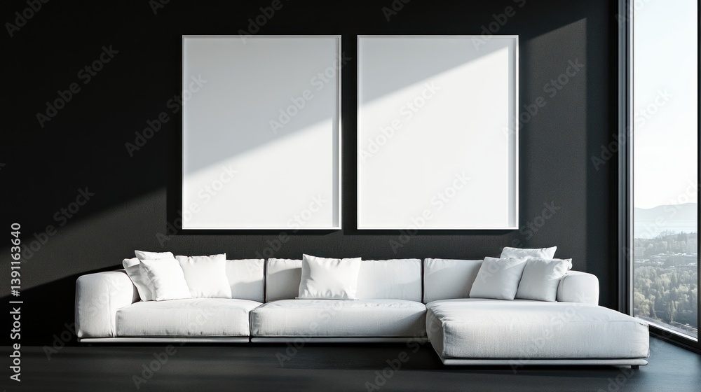 Fototapeta premium A modern interior shows a white sofa and blank art frames