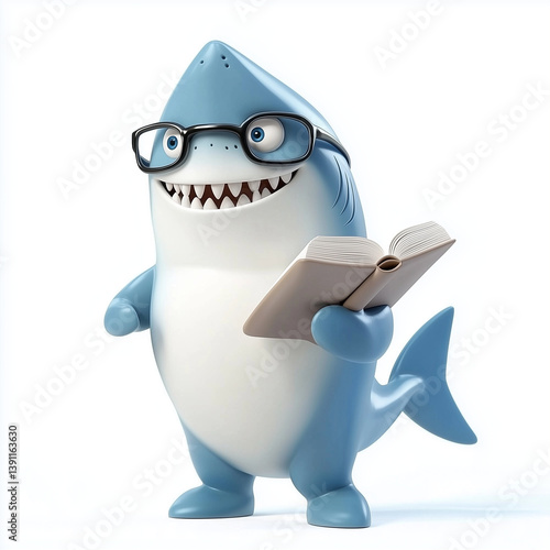 3d Character An Illustration of a shark with glasses reading a book isolated on a white background generative ai