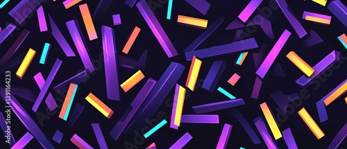 Abstract background with many colorful rectangular shapes scattered on a dark surface.