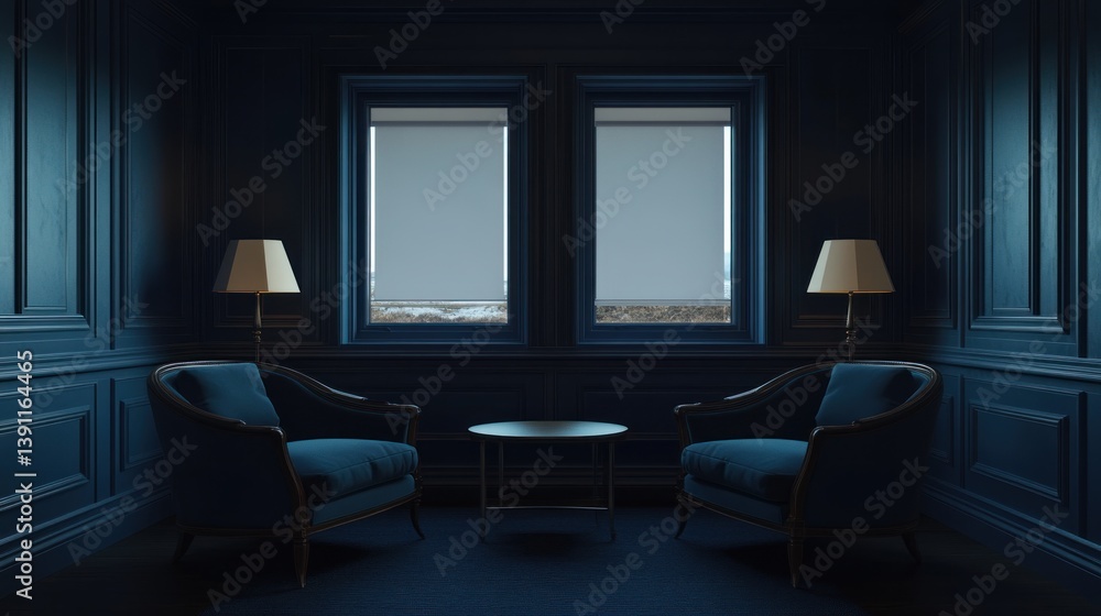 Interior view depicting an intimate room featuring two chairs and windows Interior view depicting an intimate room featuring two chairs and windows