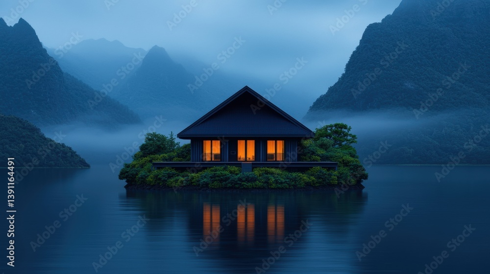 Fototapeta premium A serene cabin on a misty lake, surrounded by mountains, illuminated by warm lights, creating a tranquil nighttime atmosphere.