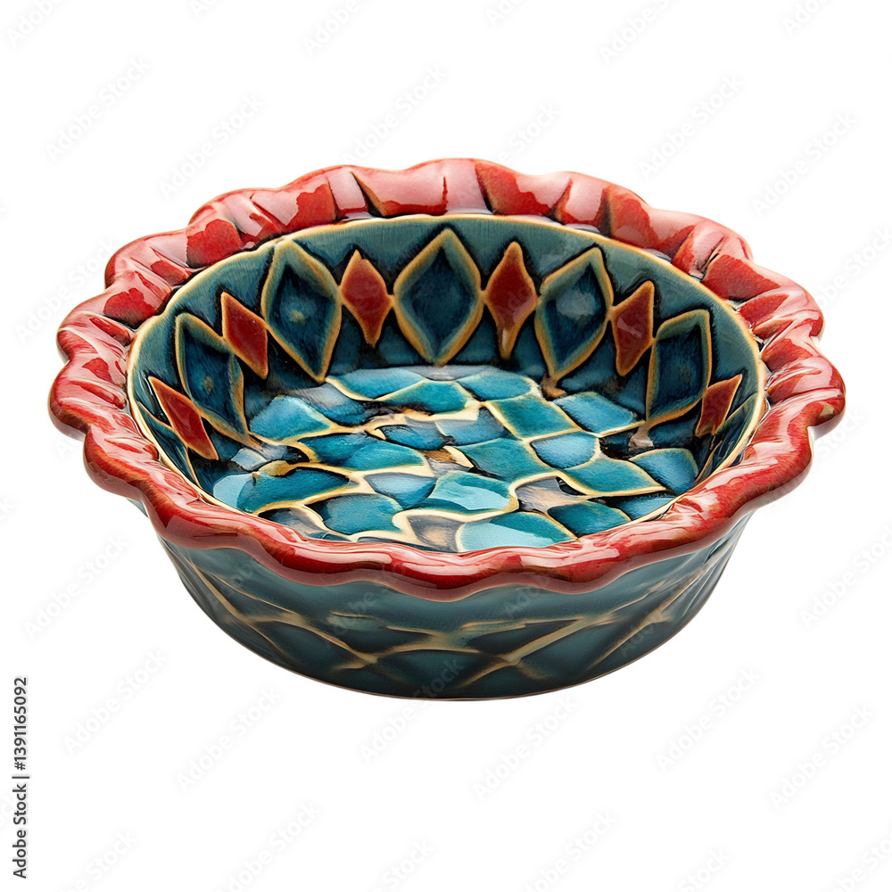Colorful Ceramic Pie Dish with Red and Blue Design Isolated on Transparent Background Colorful Ceramic Pie Dish with Red and Blue Design Isolated on Transparent Background