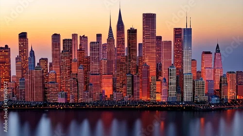 Urban skyline at dawn, reflecting in water