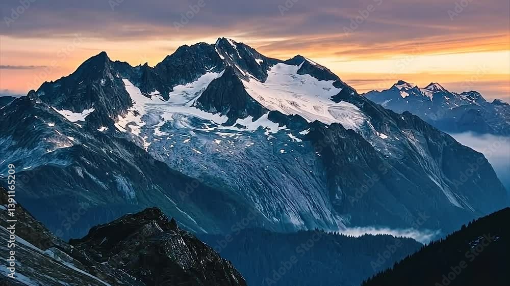 Majestic snow-capped mountains at sunset, viewed from a high vantage point, showcasing dramatic lighting and deep valleys