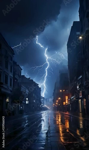 Wallpaper Mural gloomy city with lightning and fire dark blue Torontodigital.ca