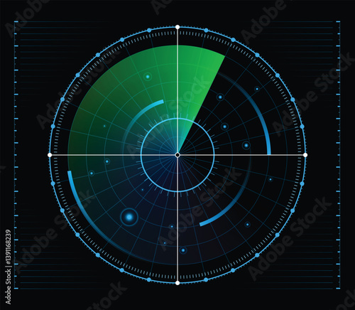 Blue light Radar or Sonar detection unknown target. Green radar vector