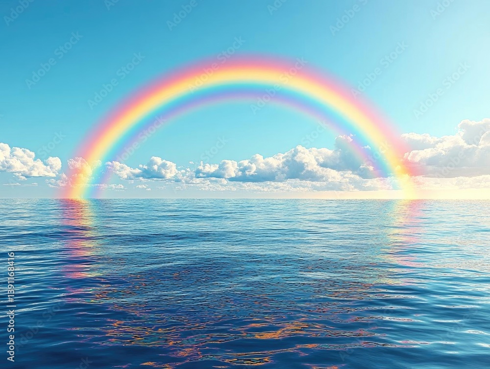 Rainbow Arcs Over Ocean: Serene Sky, Clouds Reflecting in Water Rainbow Arcs Over Ocean: Serene Sky, Clouds Reflecting in Water