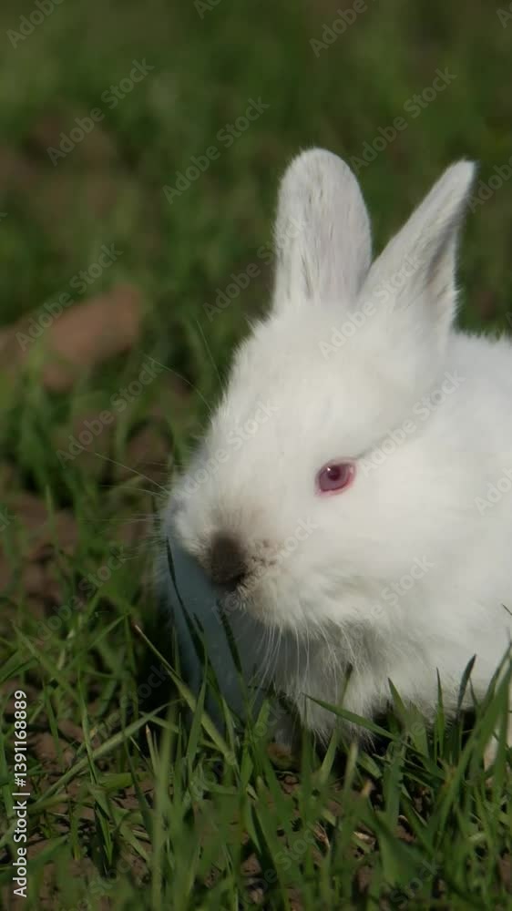 A charming White Rabbit is gracefully hopping through the lush, green grass of a field A charming White Rabbit is gracefully hopping through the lush, green grass of a field