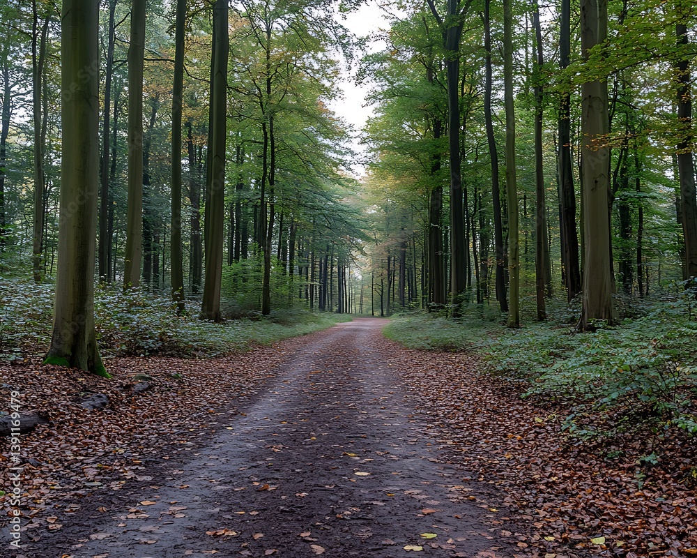 Fototapeta premium A serene forest trail path surrounded by tall green trees