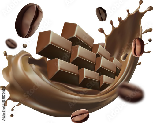 Dark chocolate bar and coffee beans with chocolate coffee splashing. packaging design