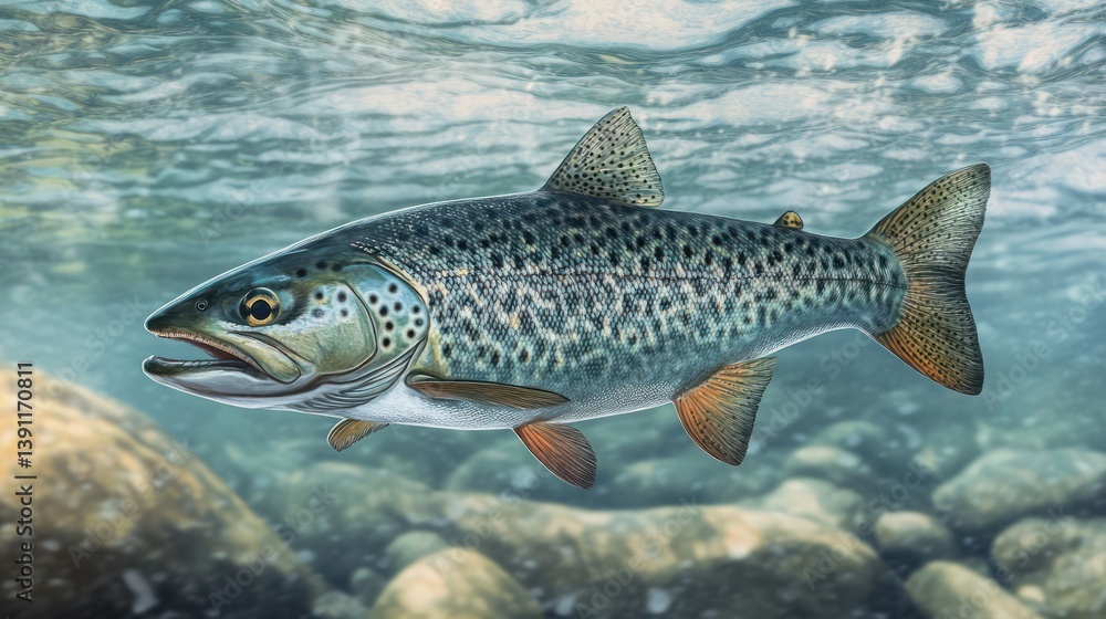 Naklejka premium Trout swimming riverbed rocky background