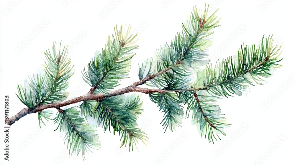 Watercolor illustration of a fir tree branch isolated on a transparent or white background. -- Watercolor illustration of a fir tree branch isolated on a transparent or white background. --