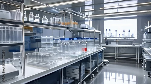 Modern Laboratory with Glass Containers and Scientific Equipment on Workbench


