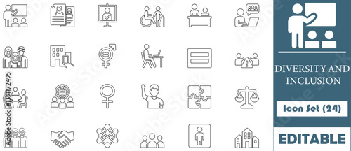 This 'Diversity and Inclusion' icon set highlights human values, gender equality, and social integration, making it ideal for projects emphasizing human rights and social equity.