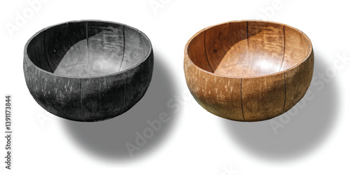 Shiny Coconut Shell Bowl icon of an empty brown wooden bowl with a spoon and lid, isolated object