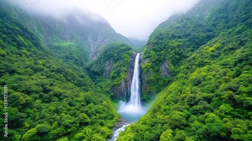 Majestic waterfall cascading down lush green mountains, serene landscape with mist-covered peaks, vibrant foliage, and natural beauty and tranquility.