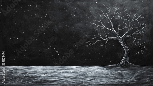 Lonely Tree Silhouetted Against Starry Night Nature Art Dark Background Minimalistic View Evoking Solitude and Reflection