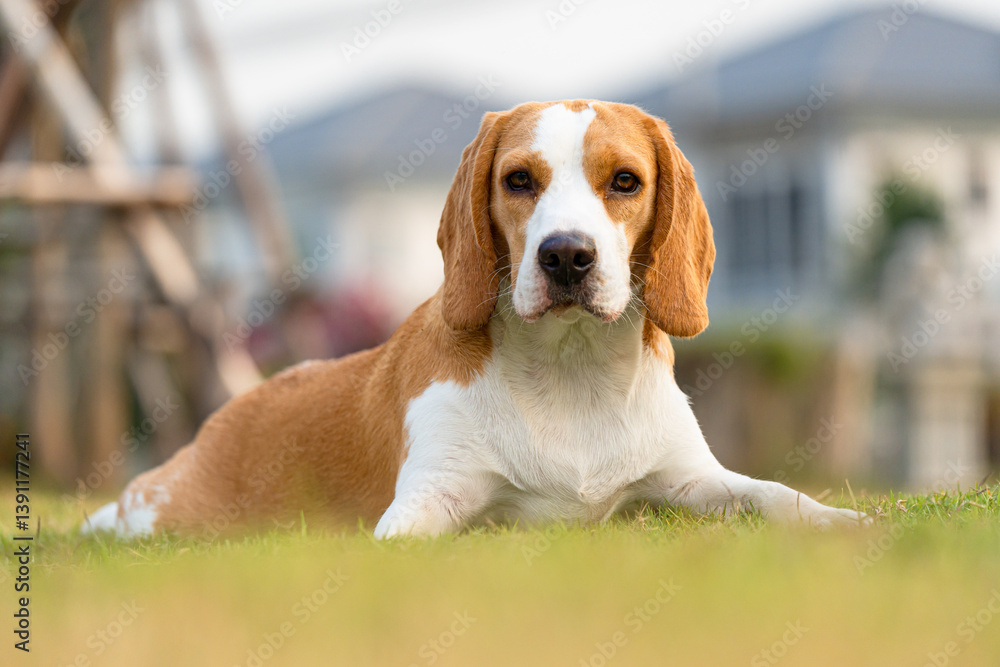 Cute puppy dog beagle portrait in a garden at evening. Adorable pet concept Cute puppy dog beagle portrait in a garden at evening. Adorable pet concept