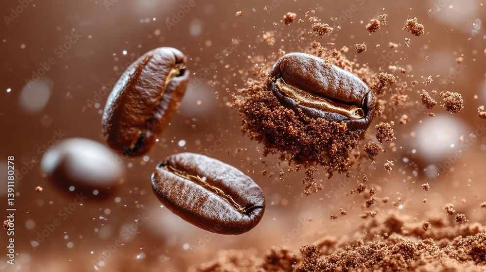 Coffee beans and powder in mid-air, a dynamic display of freshly ground coffee. A close-up view captures the essence of the coffee beans and the resulting powder, suspended in motion Coffee beans and powder in mid-air, a dynamic display of freshly ground coffee. A close-up view captures the essence of the coffee beans and the resulting powder, suspended in motion
