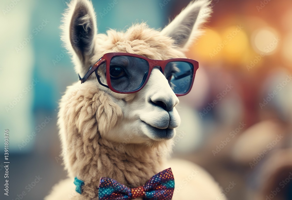 Fototapeta premium cheerful llama alpaca glasses bright background multi colored bow tie humorous postcard funny poster