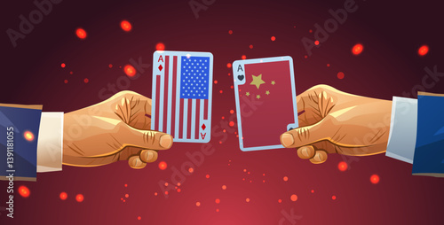 Trade war USA China concept illustration. Two hands hold playing cards with US and China flags symbolizing economic conflict. Dark background with glowing dots