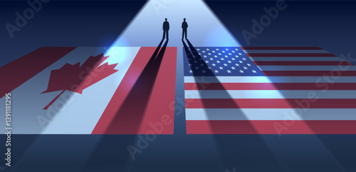 Canada USA trade war concept with two silhouetted figures standing on flags facing each other dramatic lighting contrasting shadows dark background