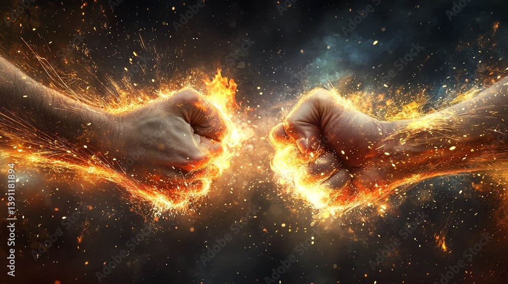 Fototapeta premium Dynamic Clash of Fiery Fists During a Fierce Competition in a Vibrant Fantasy Setting at Dusk