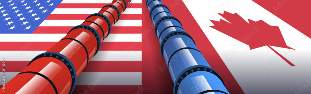 Obraz premium USA Canada trade war concept pipelines flags contrasting colors horizontal format