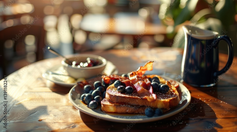 French Toast with Blueberries, Bacon, and Morning Coffee