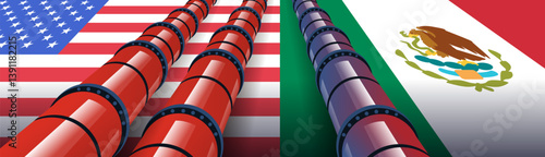 Trade war concept USA Mexico pipelines. Illustration depicts economic conflict with pipelines overlaid on American and Mexican flags. Horizontal layout