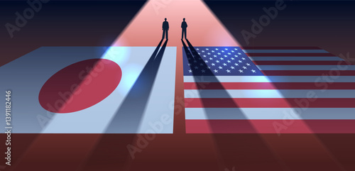 Japan USA trade war concept two silhouetted figures standing on flags spotlight dramatic tension international relations
