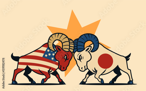 Trade war concept USA Japan rams clashing symbolizing tariffs conflict with flags star background dynamic aggressive stance beige backdrop