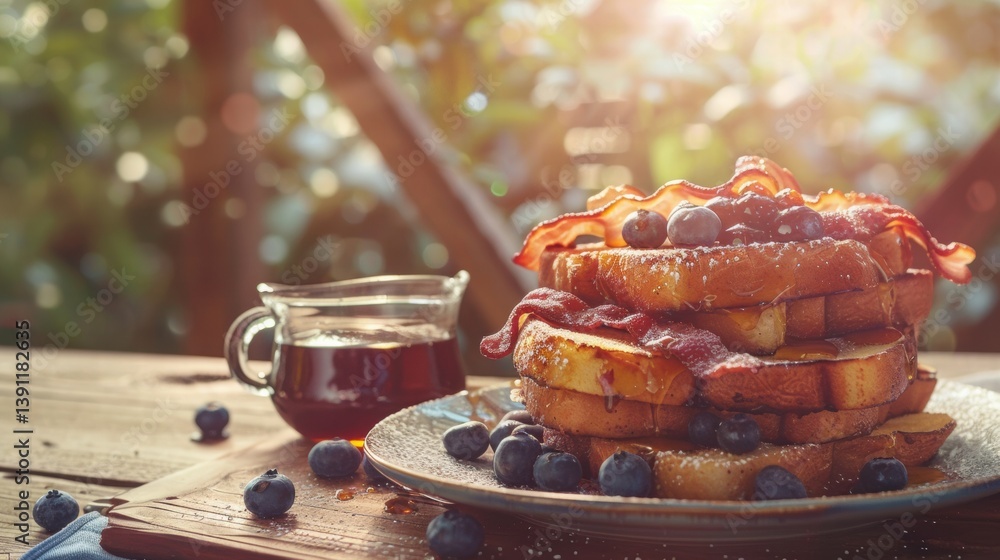 French Toast with Blueberries, Bacon, and Maple Syrup