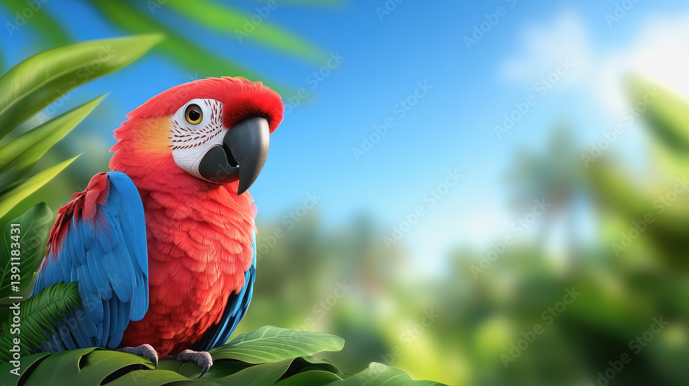 Vibrant 3d illustration of a colorful parrot perched gracefully on a branch in a lush jungle setting Vibrant 3d illustration of a colorful parrot perched gracefully on a branch in a lush jungle setting