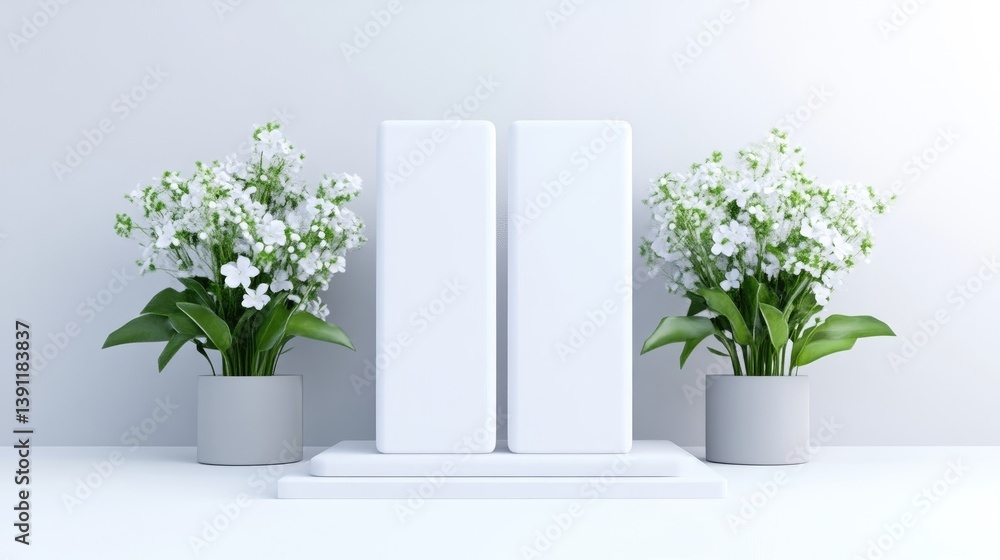 Fototapeta premium Minimalist white podiums with flowers