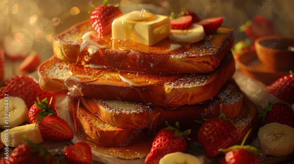 Stack of French Toast Drizzled with Syrup and Fresh Fruit
