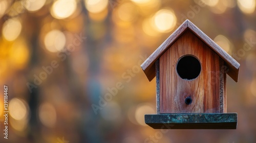 Wallpaper Mural Rustic wooden birdhouse hanging outdoors against a blurred autumnal background. Torontodigital.ca