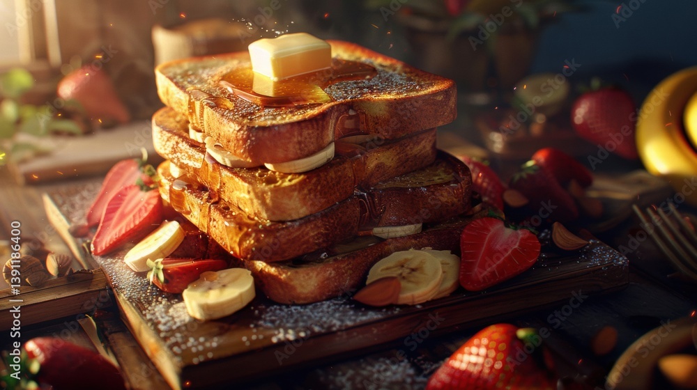 French Toast with Butter, Bananas, Strawberries, and Almonds